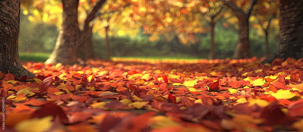 Poster vibrant autumn leaves in shades of orange and red blanket a park path surrounded by trees with golde