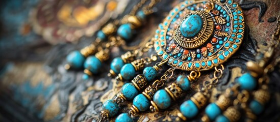 Fototapeta premium Bohemian jewelry set featuring turquoise beads and intricate gold accents on a textured background showcasing artisanal craftsmanship and elegance.