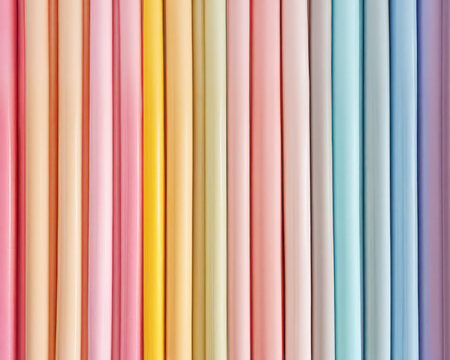 3d illustration of vertical arrangement of glossy pastel-colored tubes creating a smooth and harmonious gradient pattern. Colorful pastel  soft abstract background with a modern aesthetic.
