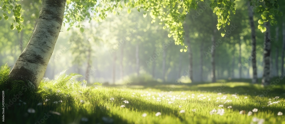 Aufkleber Lush green forest scene with soft sunlight filtering through leaves creating a serene atmosphere, foreground with selective focus on grass and flowers.