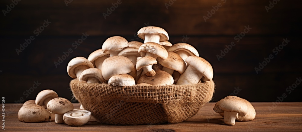 Poster heap of fresh brown champignon mushrooms in a textured basket on a wooden surface with a dark backgr