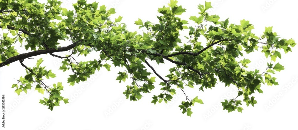Poster Lush green tropical tree branch with vibrant leaves extending from left to right against a clean white background creating a fresh, natural feel