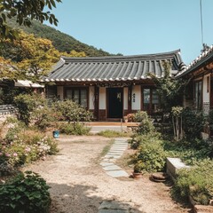 Obraz premium An ancient Korean home surrounded by greenery and beautiful landscape