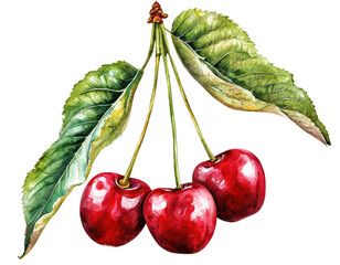 Realistic watercolor illustration of three red cherries with green leaves on a branch, isolated on a white background.