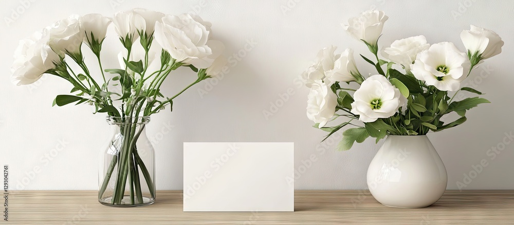 Aufkleber elegant white flowers in two glass vases on a wooden table with a blank card centered between them a