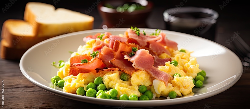 Poster Scrambled eggs topped with peas and ham on a white plate with toast in the background garnished with herbs on a wooden surface