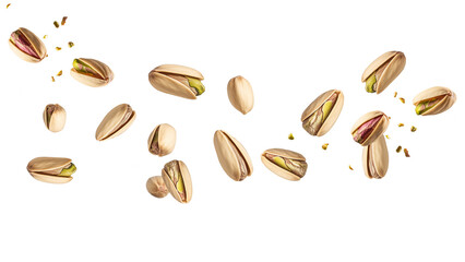 flying organic Pistachio nuts flying in air isolated on white background, pistachio nuts PNG