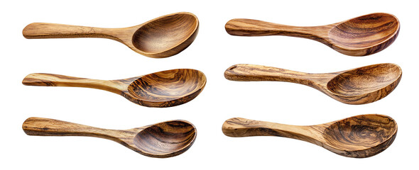 Set of wooden spoons with natural texture, isolated on transparent cutout background
