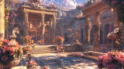 Sunlit Ancient Ruins Overgrown With Pink Flowers