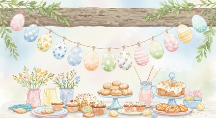 Easter Table Watercolor Painting Pastel