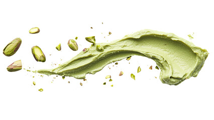 smear of Vegan green pistachio nut butter spread topped with pistachio nut shavings on white background, ideal for Pistachio latte and Pistachio kunefe chocolate bar