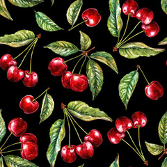 Watercolor seamless hand-painted pattern of red cherries with green leaves on a black background