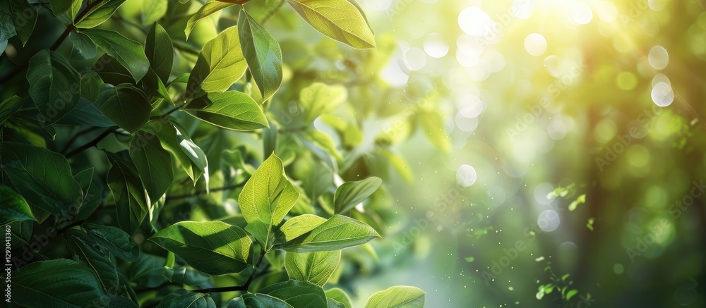 Poster lush green foliage under bright sunlight with soft bokeh effect in background highlighting vibrant l
