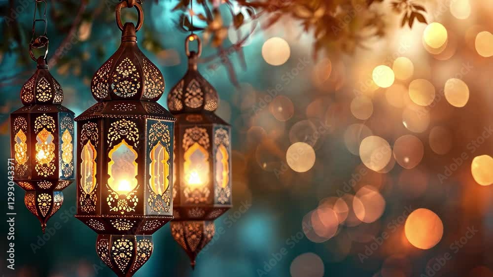 Aufkleber Experience the beauty of intricate lanterns glowing softly in a serene garden setting during twilight hours with captivating bokeh background in stunning 4k quality