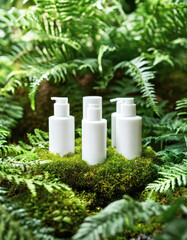 Stock photo of white cosmetic bottles with pump dispensers placed on green moss among lush ferns, representing natural skincare and eco-friendly beauty products