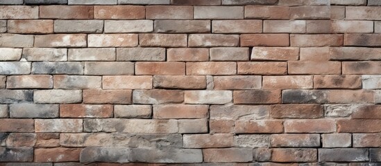 Fototapeta premium Textured rustic brick wall in warm earth tones features varying shades of brown and gray, providing ideal copy space for creative designs