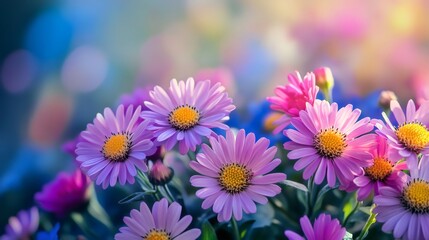 Fototapeta premium Purple daisies blooming in spring sunlight create a colorful meadow