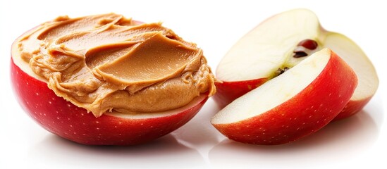 Sliced red apple with creamy peanut butter atop, placed on a white background, creating a fresh and healthy snack scene.