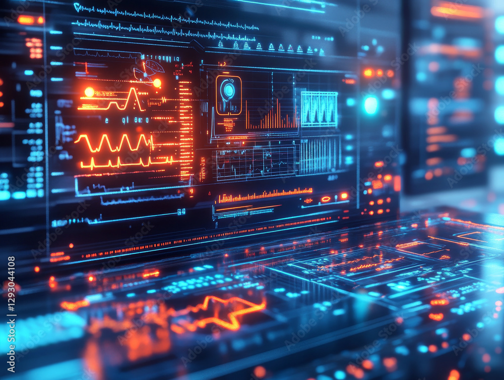Aufkleber futuristic cybernetic interface with glowing data visualizations and graphs