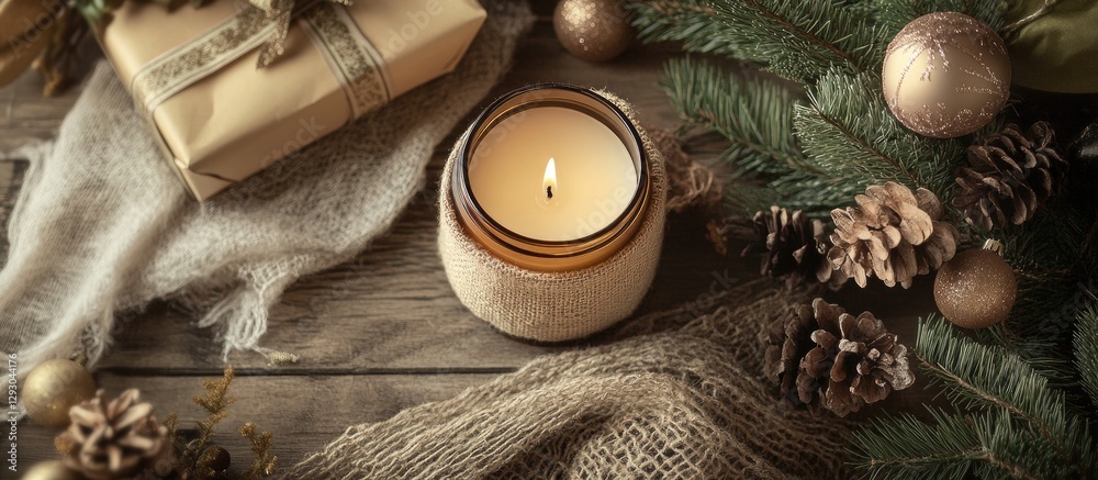 Poster cozy christmas setting featuring a lit candle in a rustic holder surrounded by pinecones, holiday or