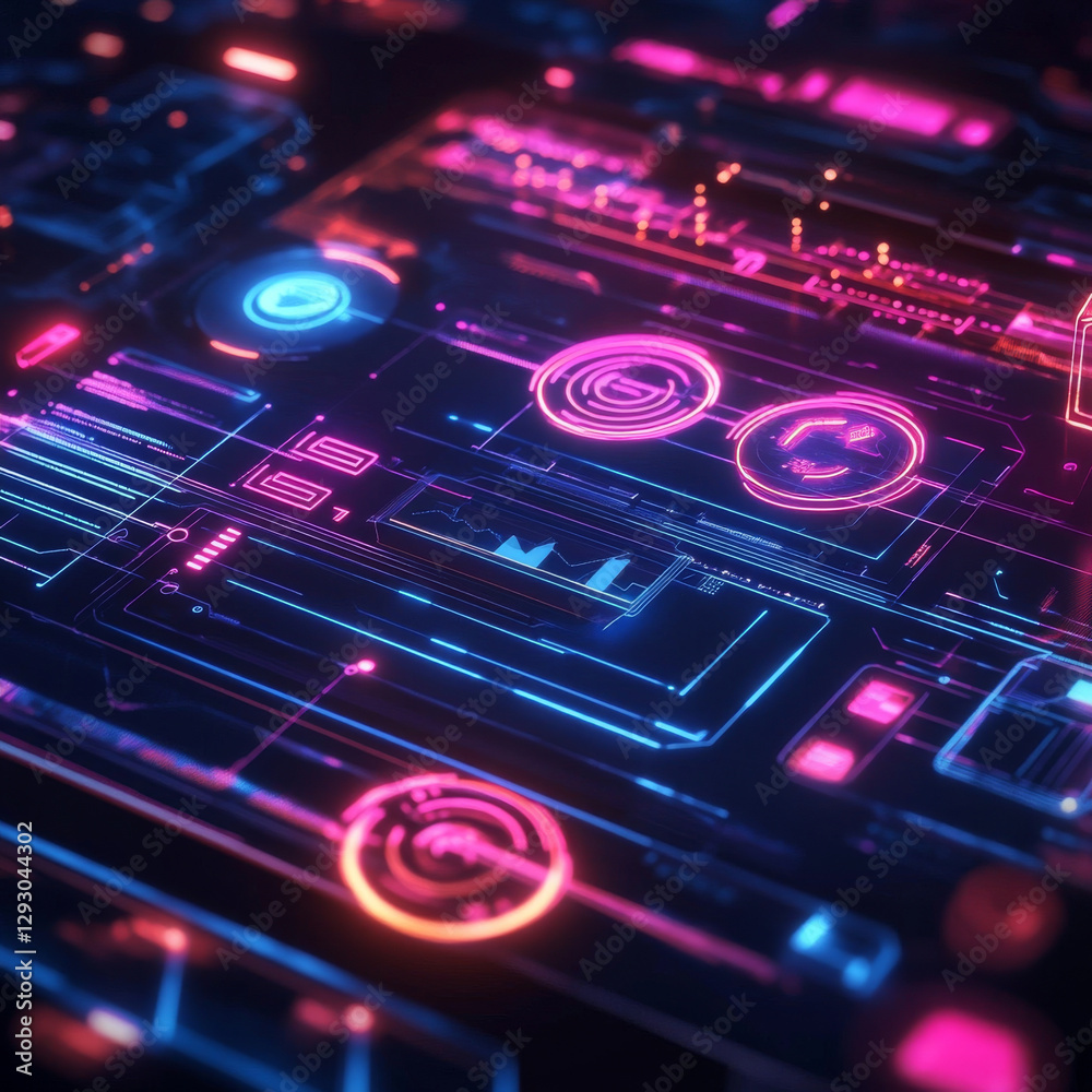 Poster futuristic digital interface with glowing neon elements and data visualization