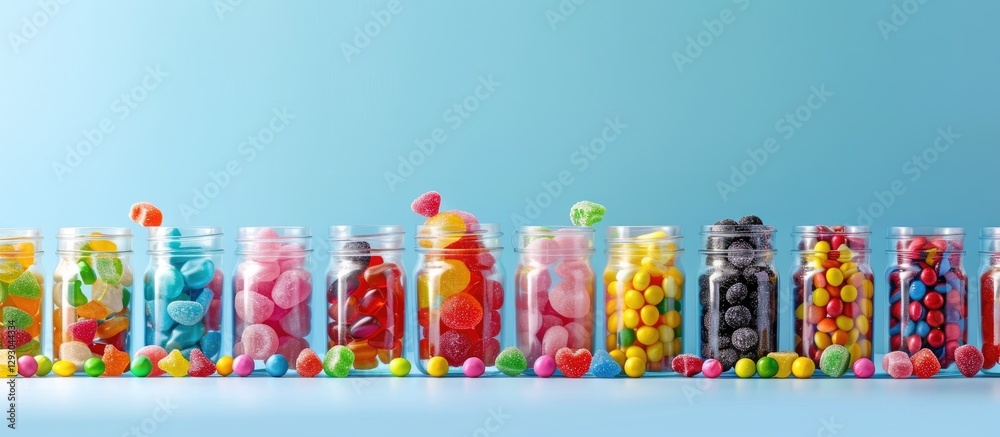 Aufkleber colorful assorted candies in clear jars aligned on a soft blue backdrop with ample space for text cr