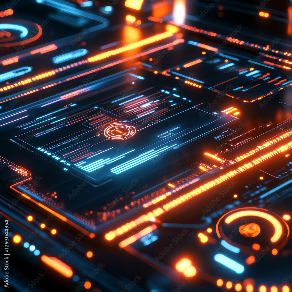 Poster futuristic digital interface with glowing elements and data visualization