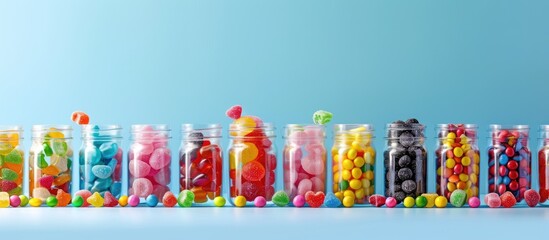 Colorful assorted candies in clear jars aligned on a soft blue backdrop with ample space for text creating a vibrant and playful atmosphere. © Gular