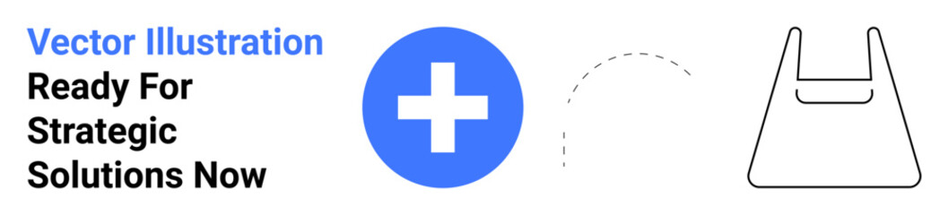 Fototapeta premium Blue medical cross symbol next to a dashed line leading to a shopping bag outline. Ideal for healthcare, eco-friendly solutions, medical services, sustainability, health campaigns, retail, flat