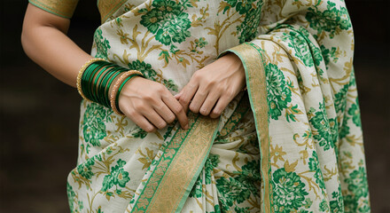 Close-up of a woman wearing a traditional Indian saree with green bangles