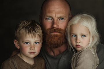 Thoughtful father with two freckled children in warm knitwear, dark background, close-up portrait