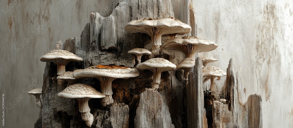 Poster mushrooms clustered on weathered wooden trunk showcasing earthy tones of beige and brown representin