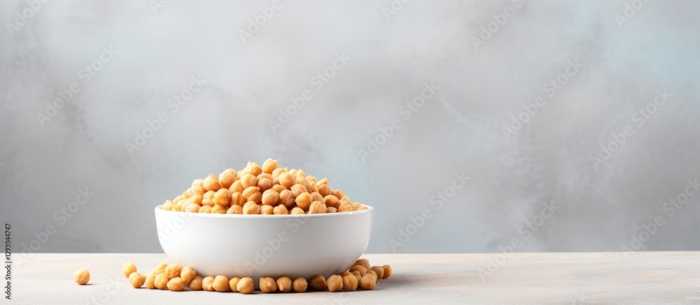 Poster chickpeas in a white bowl with a mound of legumes on a light wooden surface against a soft grey blur