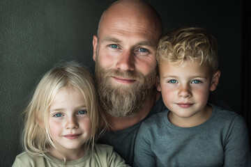 Bearded father with two light-haired children in soft knitwear, textured dark background, close-up