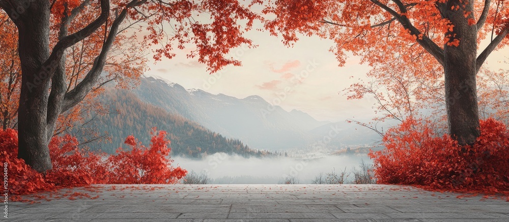 Leinwandbilder autumn landscape featuring vibrant red beech trees in the foreground, with misty mountains creating 