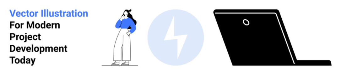 Woman in casual attire pondering ideas, lightning bolt symbolizing energy, and sleek laptop silhouette. Ideal for creativity, brainstorming, innovation, energy, tech projects, productivity flat