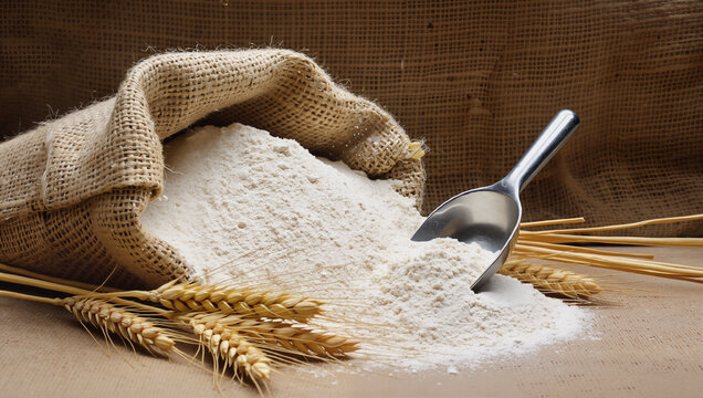 flour and wheat on wooden table