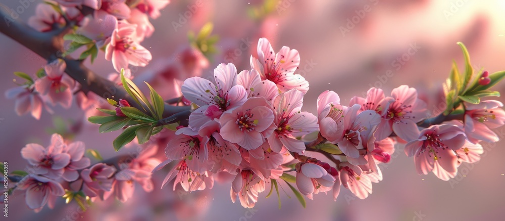 Aufkleber delicate pink blossoms on a peach tree branch with soft green leaves in a blurred light background c