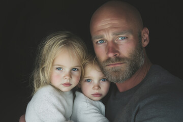 Serious father embracing his two children, dramatic black background, close-up portrait
