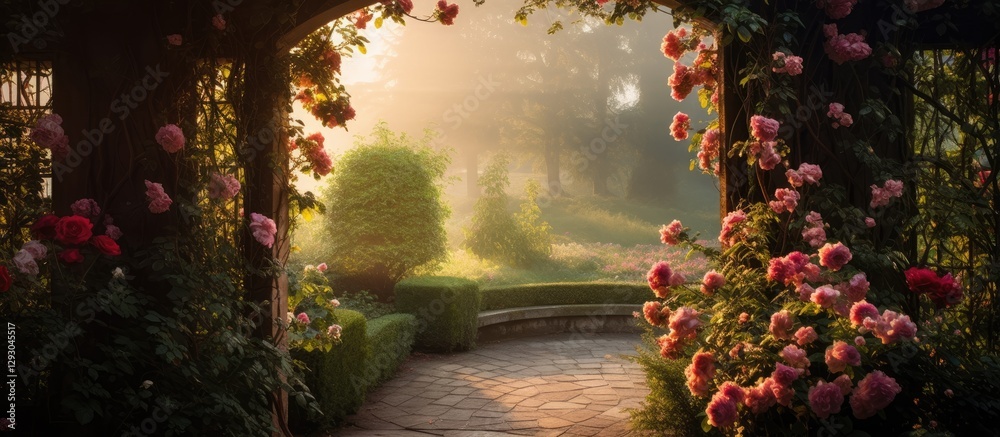 Aufkleber tranquil garden entrance showcasing an open gate adorned with roses on either side, revealing lush g