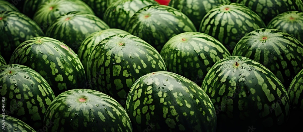 Poster Fresh watermelons arranged in a tightly packed formation with a deep green hue and striped patterns; ideal for summer fruit markets.
