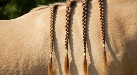 Braided horse mane with golden fur in soft lighting