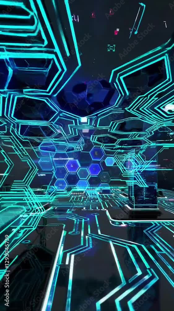 Poster futuristic neon circuit room transforms into digital space with hexagonal patterns