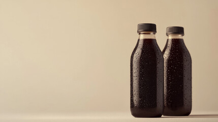 Minimalist cold brew coffee bottles with condensation on surface