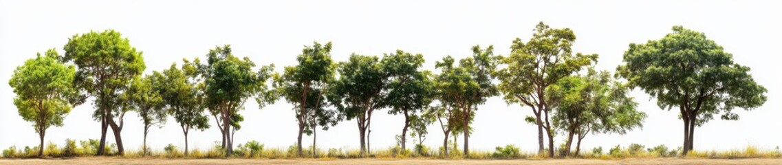 Fototapeta premium Row of Green Trees Against a Bright Sky in a Lush Natural Landscape
