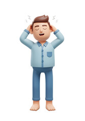 Obraz premium sleepy 3d cartoon man in blue pajamas rubbing his eyes on a white background