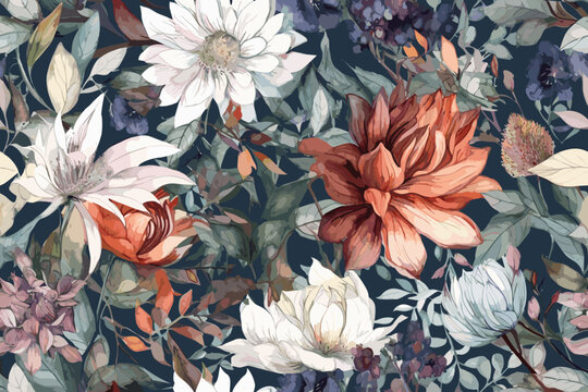 Cute daisy floral seamless watercolor pattern with watercolor black background. Flower vector illustration. Watercolor print in rustic vintage style,