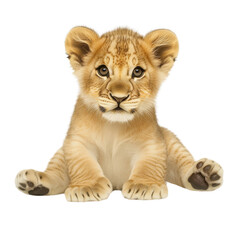 Young lion cub sitting playful cute bright studio photoshoot