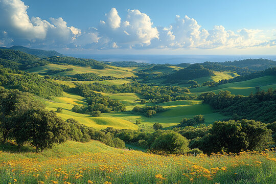 Rolling hills and green fields meet the horizon under a serene sky