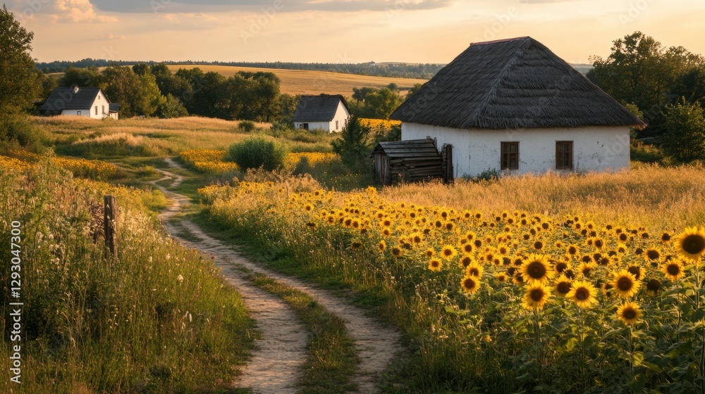 Poster serene sunflower fields and rustic houses along a winding path in the countryside during golden hour